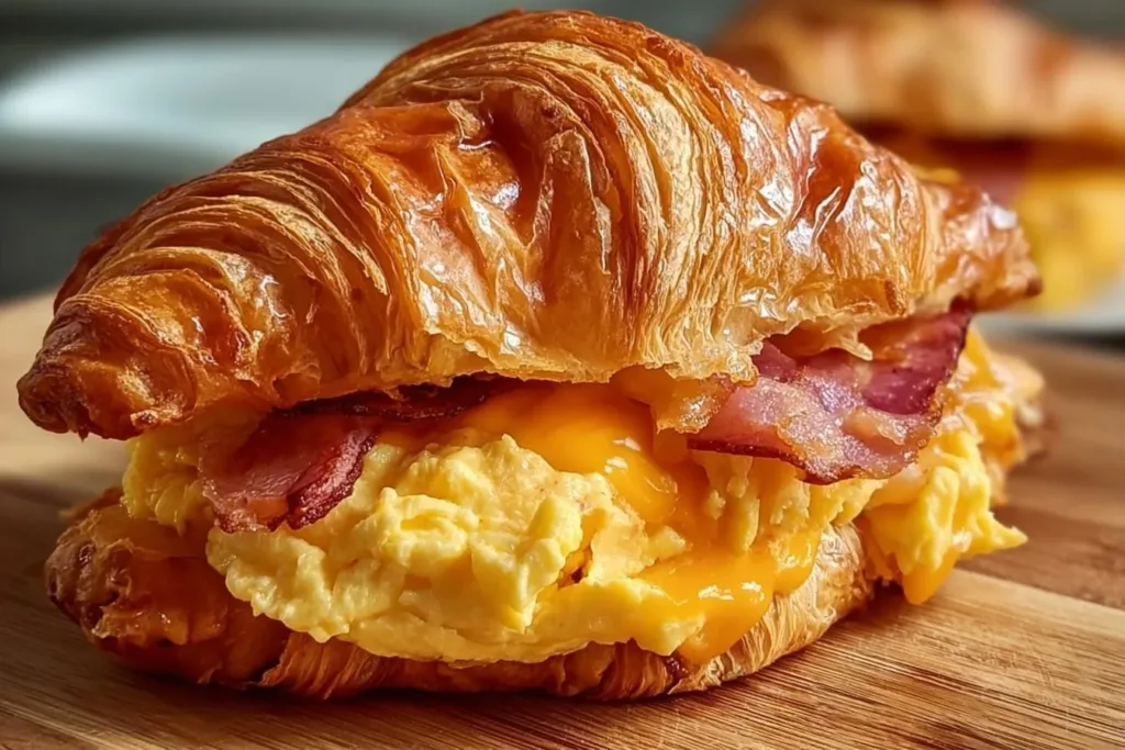 Fresh croissant breakfast sandwich with egg, cheese, and ham on a wooden board