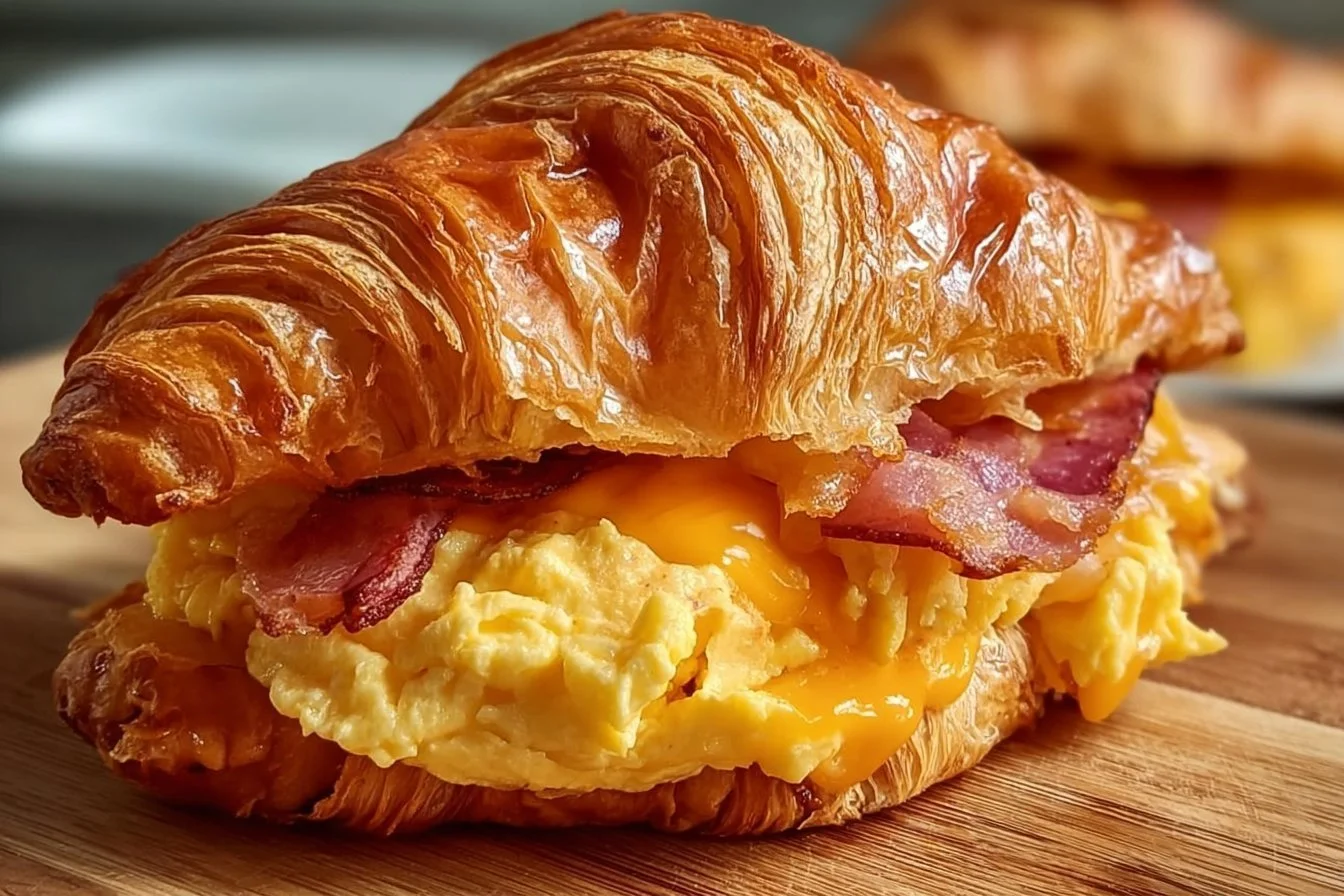 Fresh croissant breakfast sandwich with egg, cheese, and ham on a wooden board