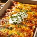 Plate of delicious chicken enchiladas topped with cheese and garnished with cilantro