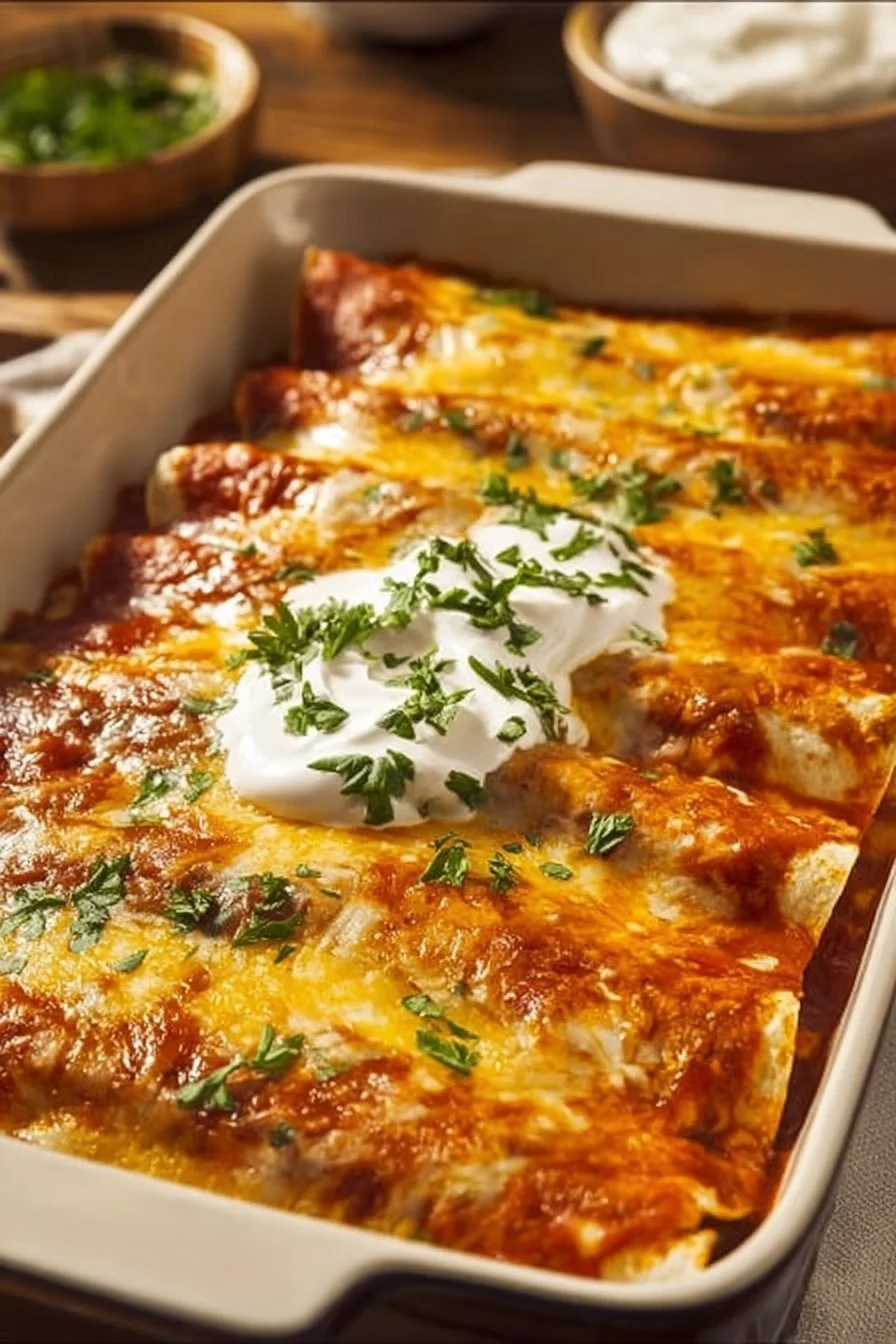 Plate of delicious chicken enchiladas topped with cheese and garnished with cilantro