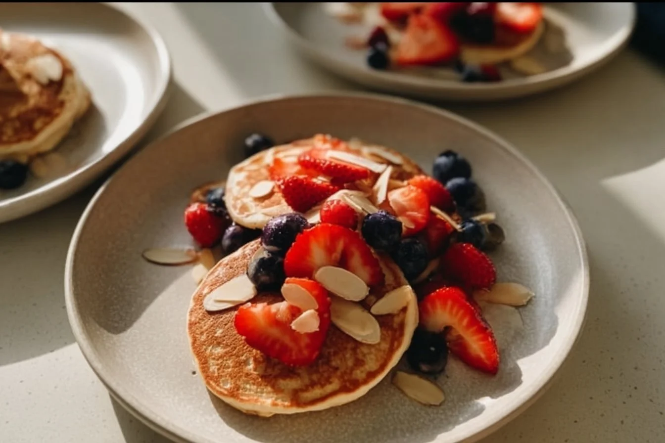 Fluffy pancakes topped with fresh berries and almond slices