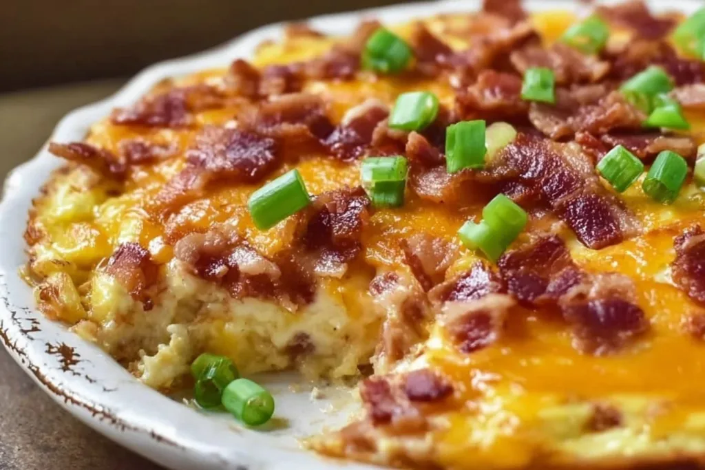 Delicious easy bacon egg and hashbrown casserole baked to perfection