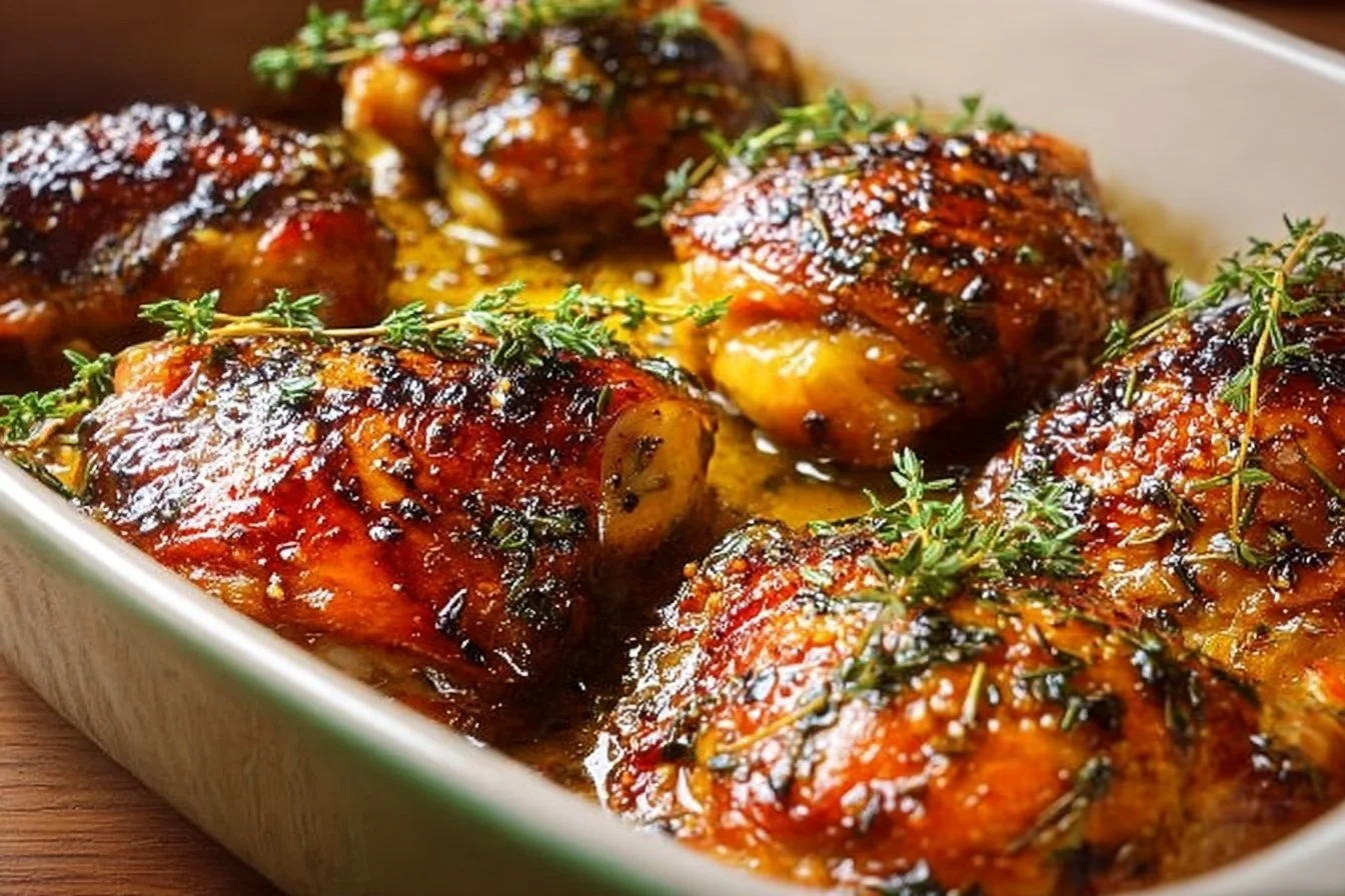 Easy Baked Chicken Thighs baked chicken Easy baked chicken thighs garnished with herbs and served on a plate