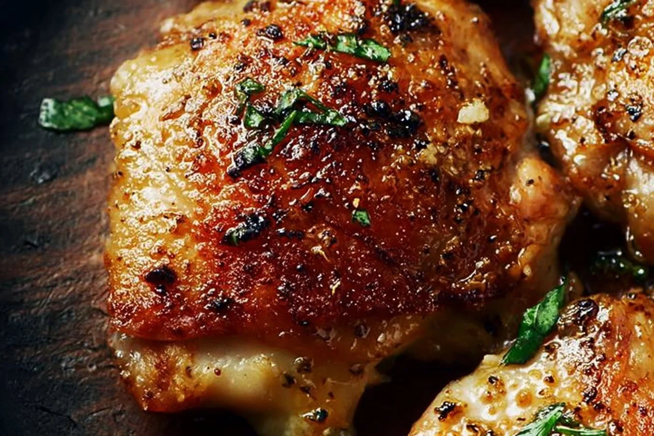Easy Chicken Thigh Recipe chicken thigh Deliciously cooked chicken thighs served with vegetables and herbs.