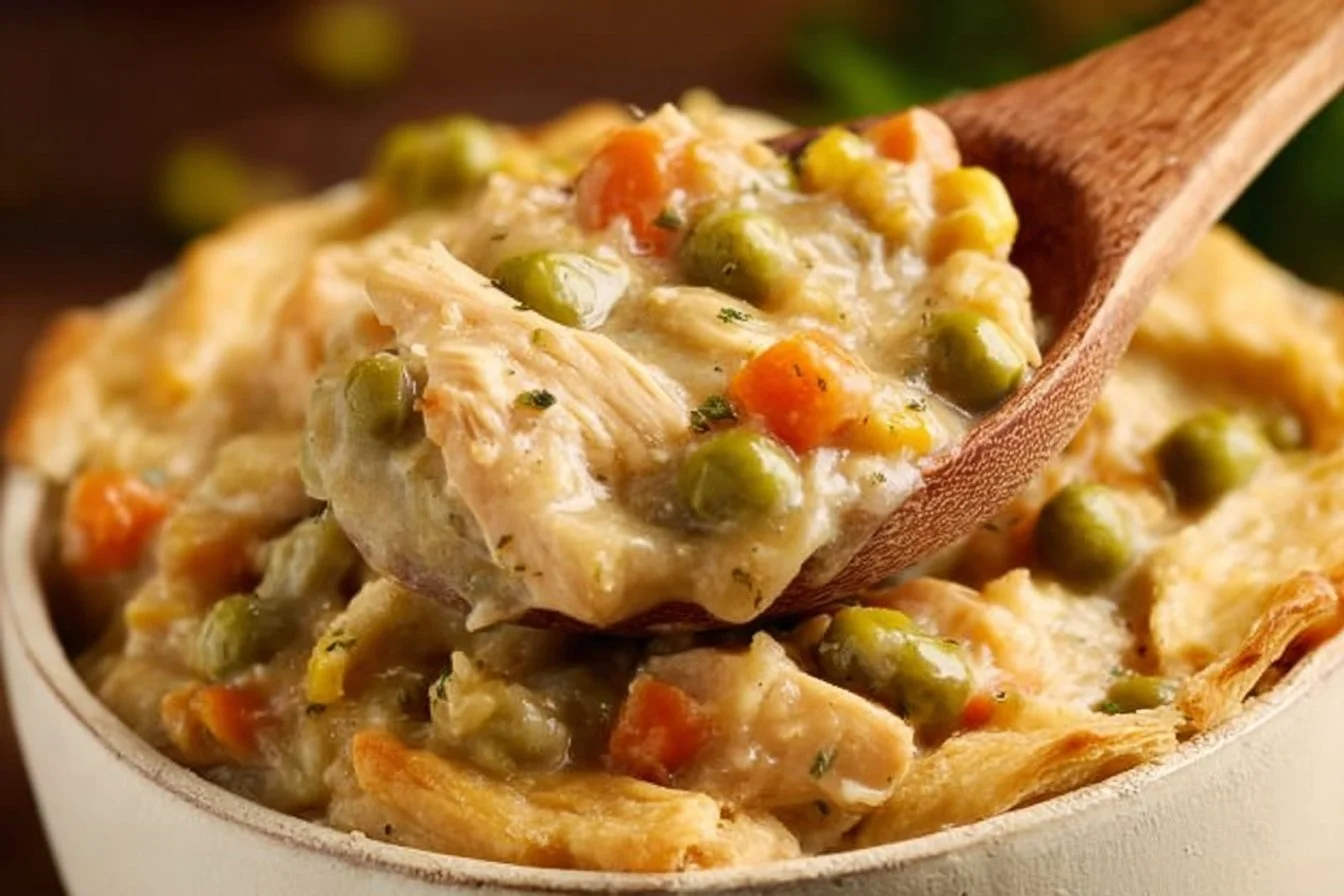 Delicious easy Crockpot Chicken Pot Pie served in a rustic bowl