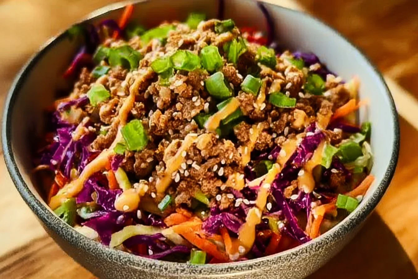 Easy egg roll in a bowl with colorful vegetables and protein