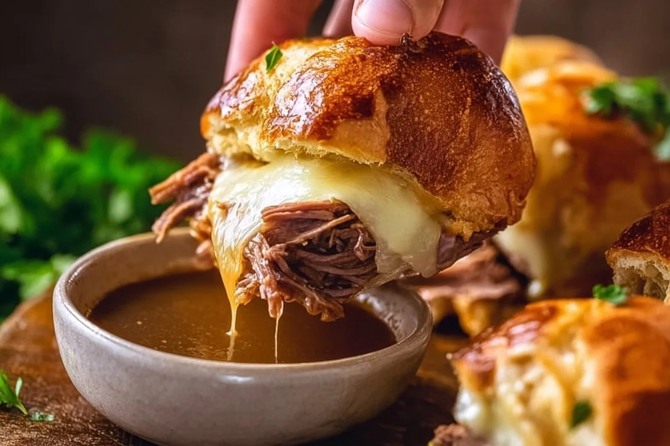 Delicious easy French dip sliders served on a platter with au jus for dipping.