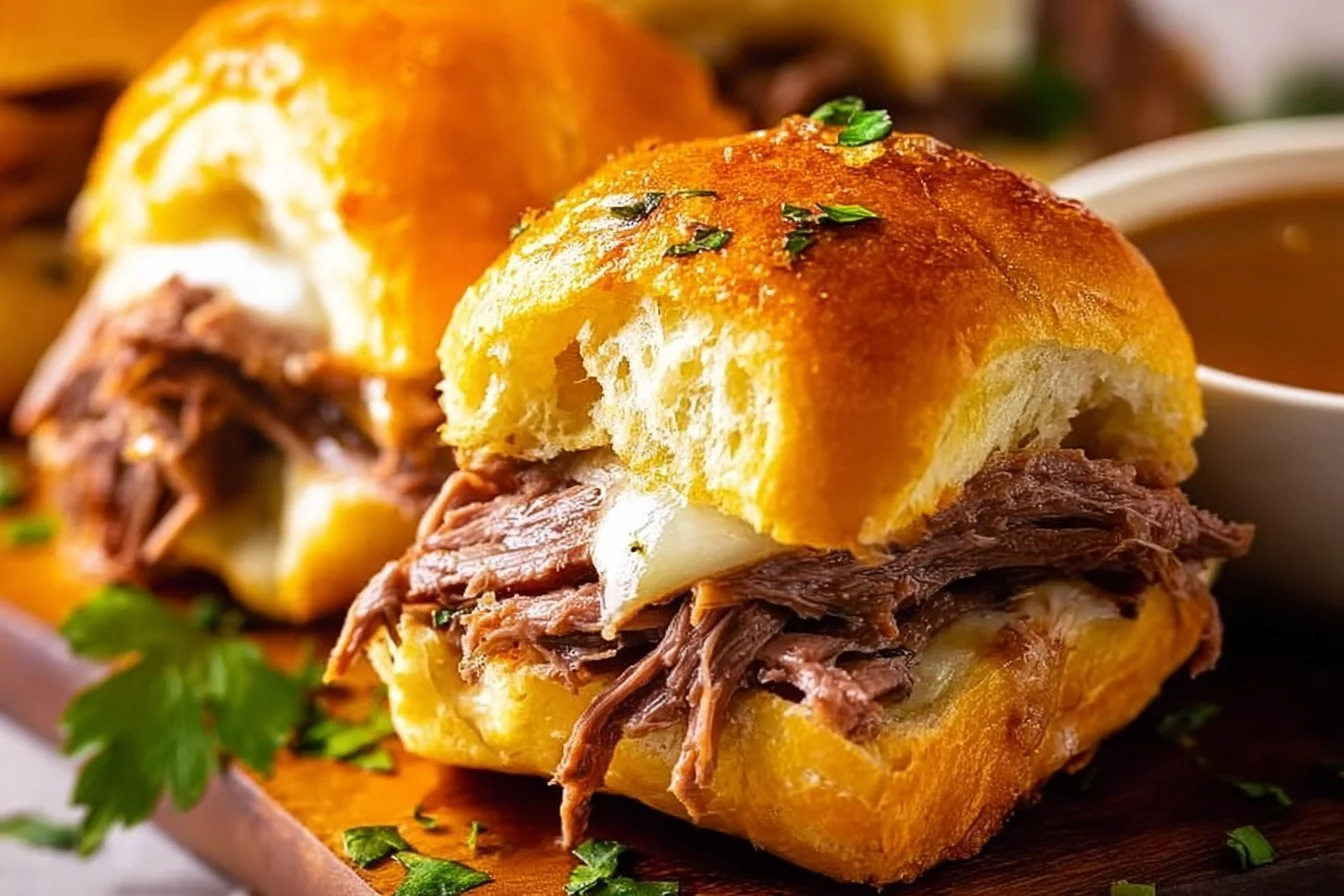 Delicious easy French Dip Sliders served on a platter with dipping sauce