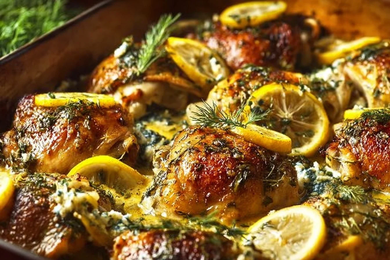 Delicious Easy Greek Lemon Chicken Thighs recipe served with herbs and lemon slices