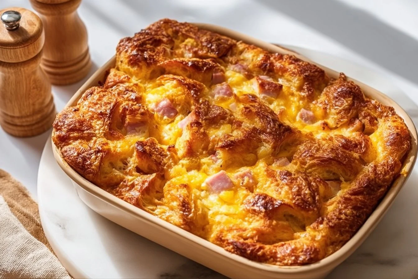 Easy ham and cheese croissant breakfast casserole dish ready to serve