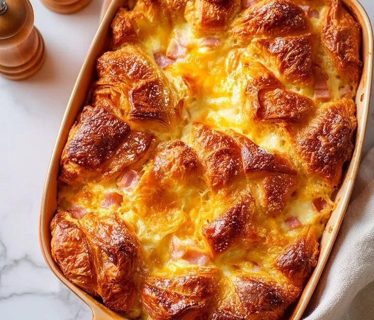 Easy Ham and Cheese Croissant Breakfast Casserole