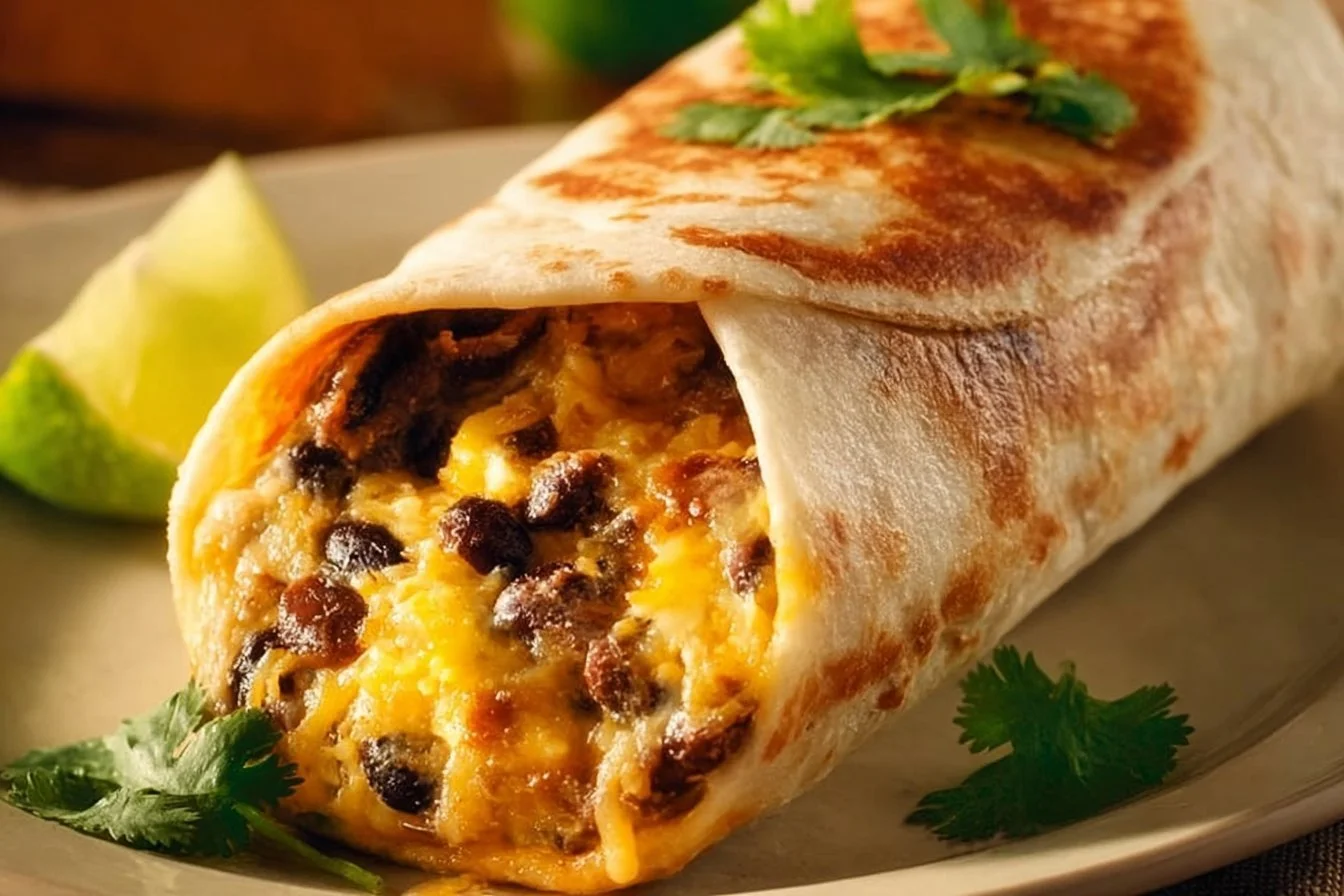 Easy high-protein breakfast burrito filled with eggs, beans, and veggies