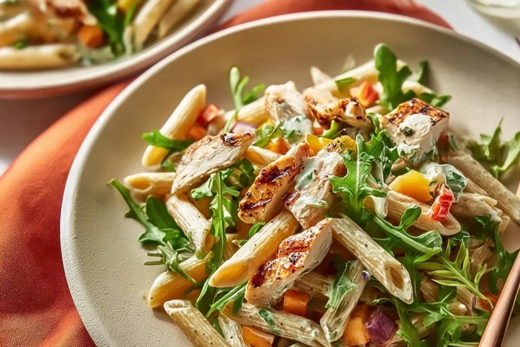 Bowl of easy high protein fall pasta salad with colorful ingredients