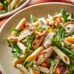 Bowl of easy high protein fall pasta salad with colorful ingredients