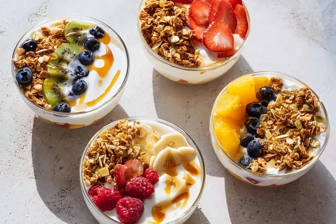 Delicious yogurt granola bowls topped with fruit and nuts