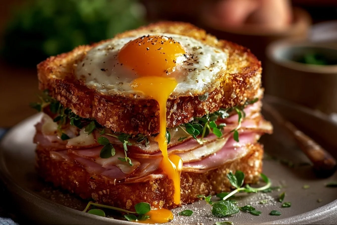 Delicious homemade egg toast served with fresh herbs and vegetables