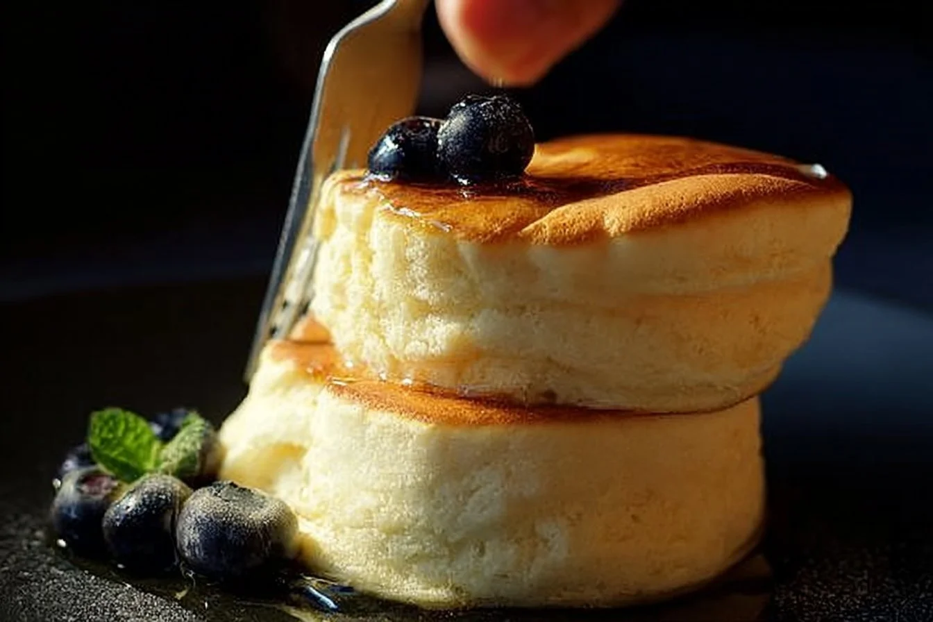 Fluffy Japanese Soufflé Pancakes soufflé pancakes Fluffy Japanese soufflé pancakes stacked on a plate with syrup and berries