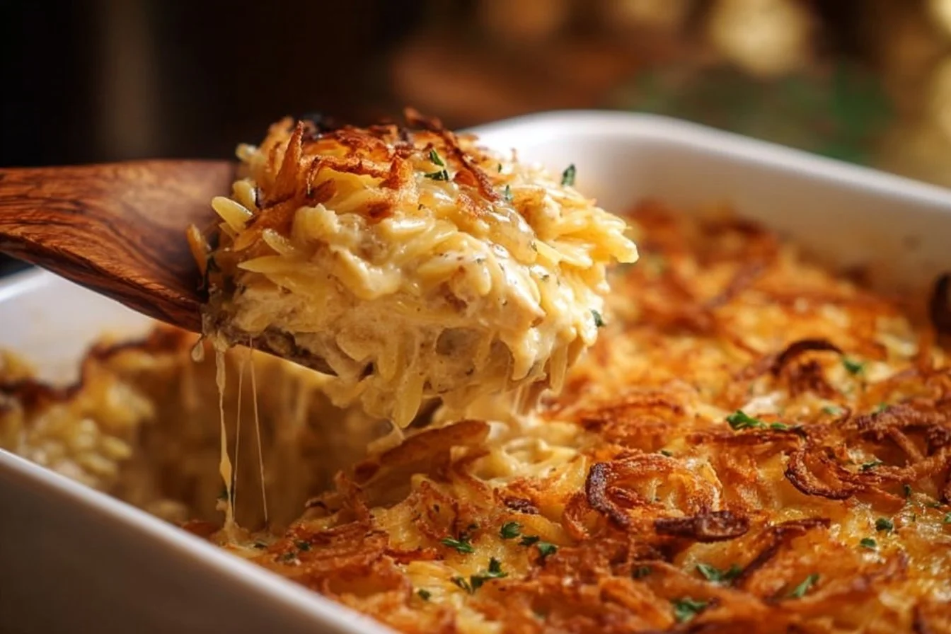 French Onion Chicken Orzo Casserole