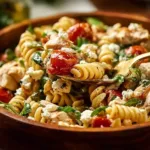 High-protein Mediterranean Pasta Salad with fresh vegetables and flavorful dressing