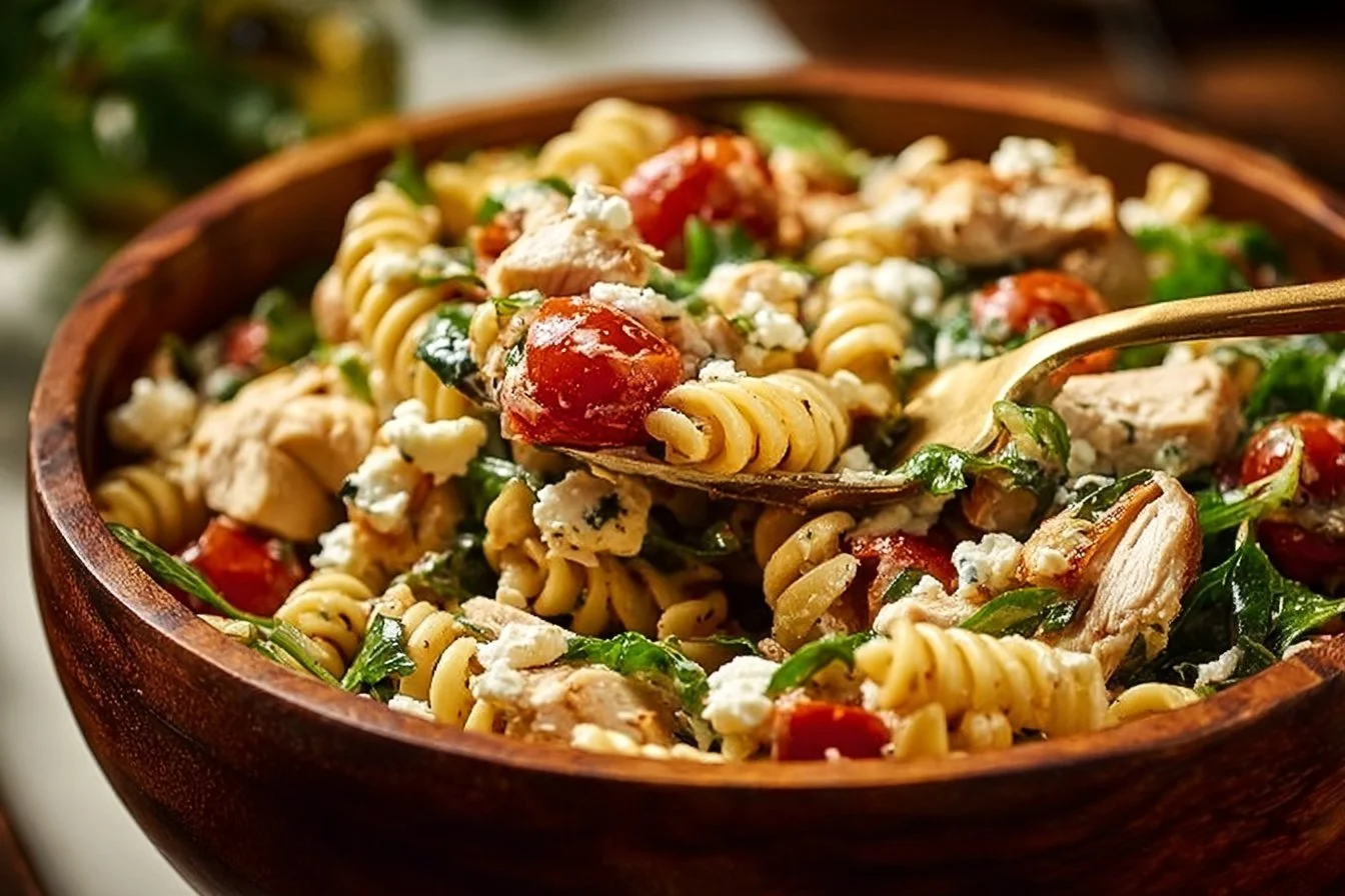 High-protein Mediterranean Pasta Salad with fresh vegetables and flavorful dressing