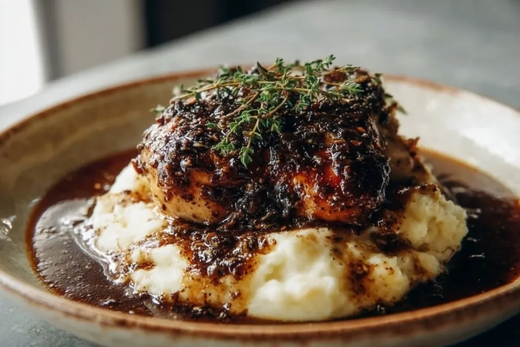 Delicious Garlic Herb Chicken garnished with fresh herbs and garlic