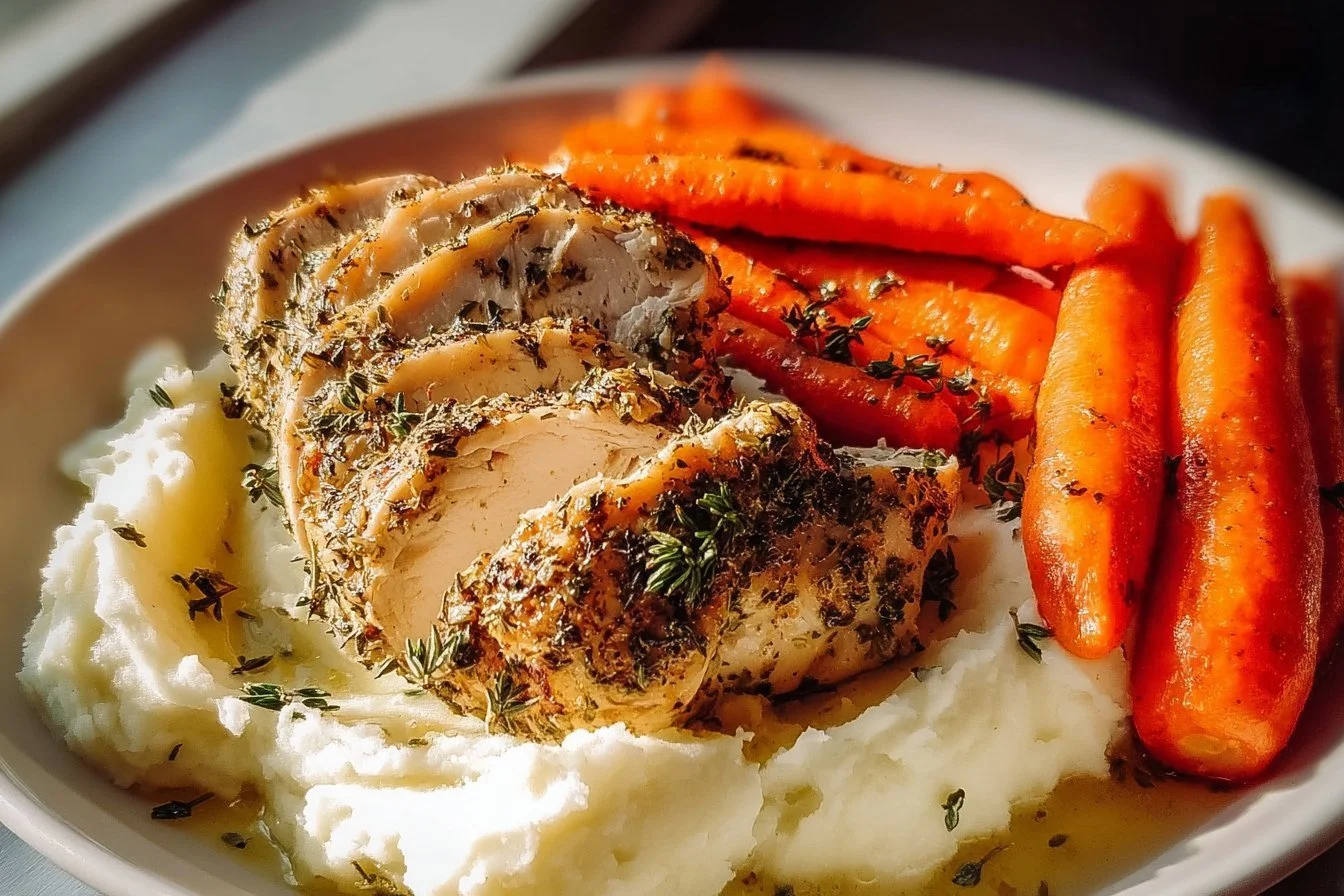 Garlic Herb Chicken with Creamy Mash & Roasted Carrots