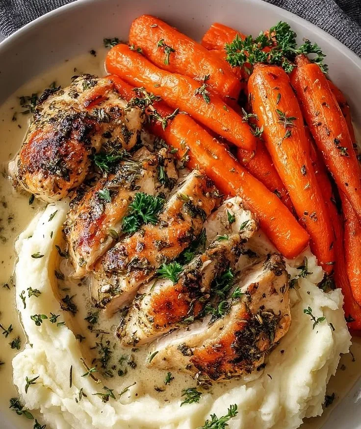 Garlic Herb Chicken with Creamy Mash & Roasted Carrots