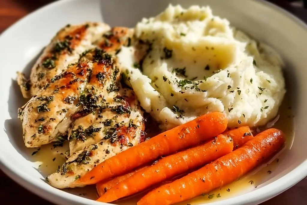 Delicious garlic herb chicken with mashed potatoes and glazed carrots on a plate