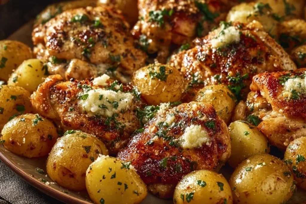 Garlic Parmesan Chicken thighs with roasted potatoes served on a plate.