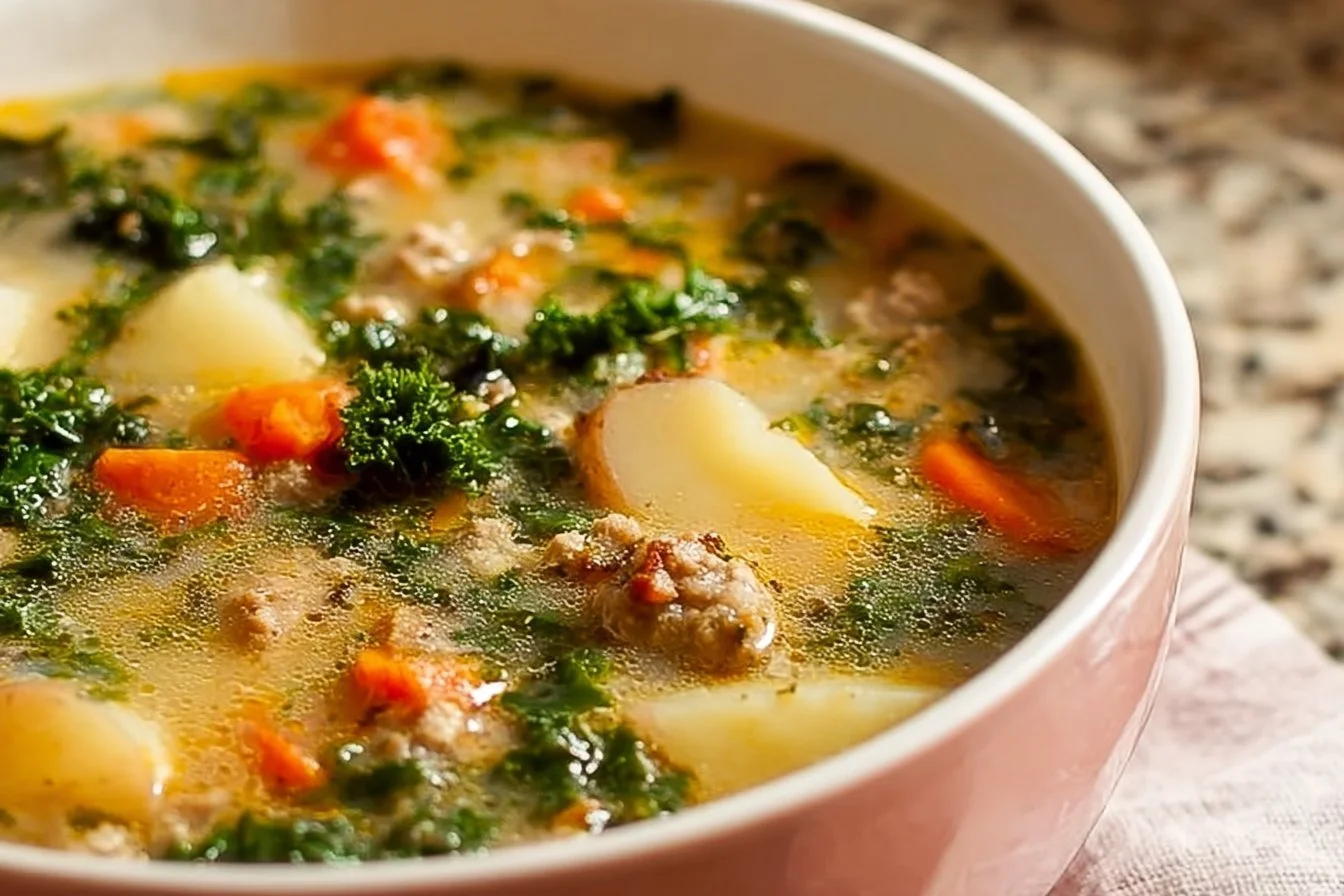 Ground Turkey Soup with Potatoes and Kale ground turkey soup Delicious ground turkey soup with potatoes and kale in a bowl