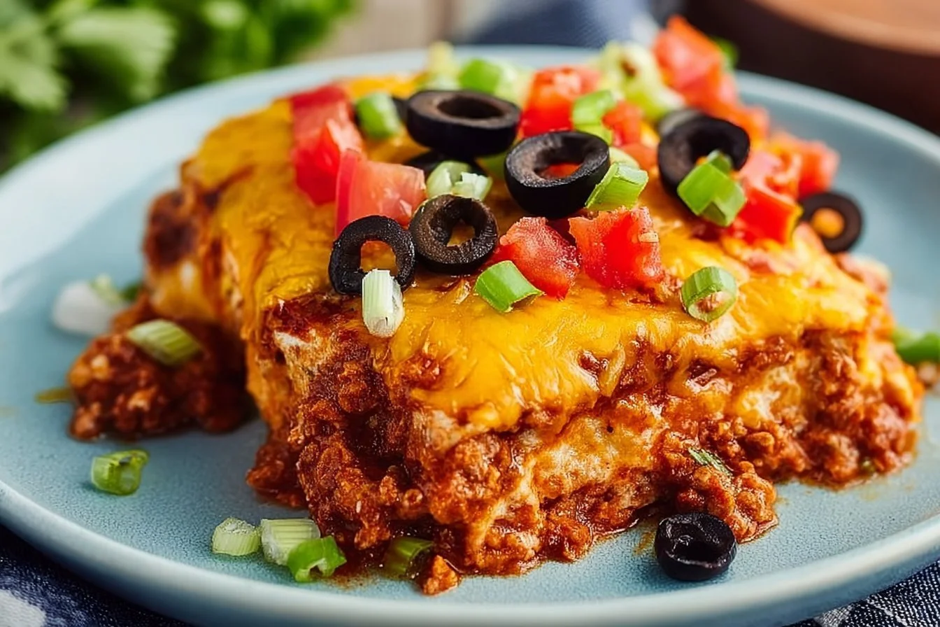 Delicious Ground Turkey Taco Casserole with toppings