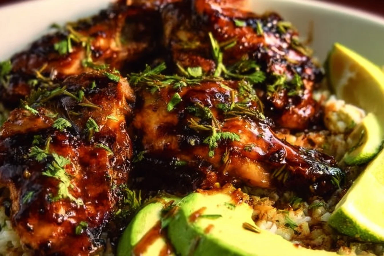 Plate of succulent Hawaiian BBQ Chicken garnished with green onions and pineapple slices.