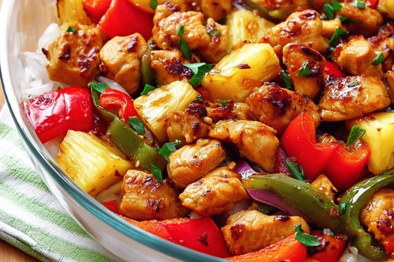 Hawaiian Chicken Sheet Pan Hawaiian Chicken Hawaiian Chicken Sheet Pan with chicken, vegetables, and pineapple