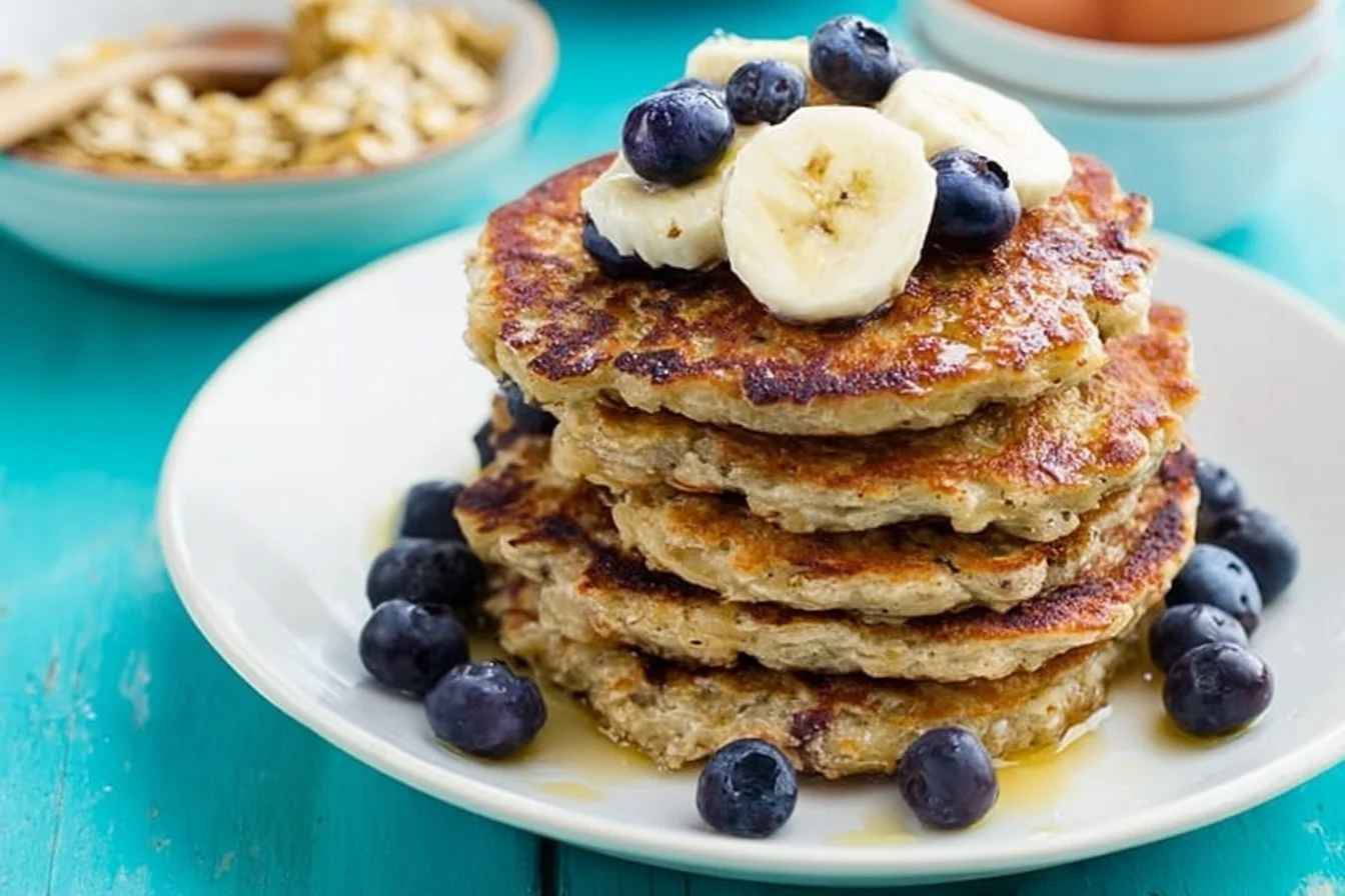 Deliciously healthy banana oatmeal pancakes served with fresh fruit