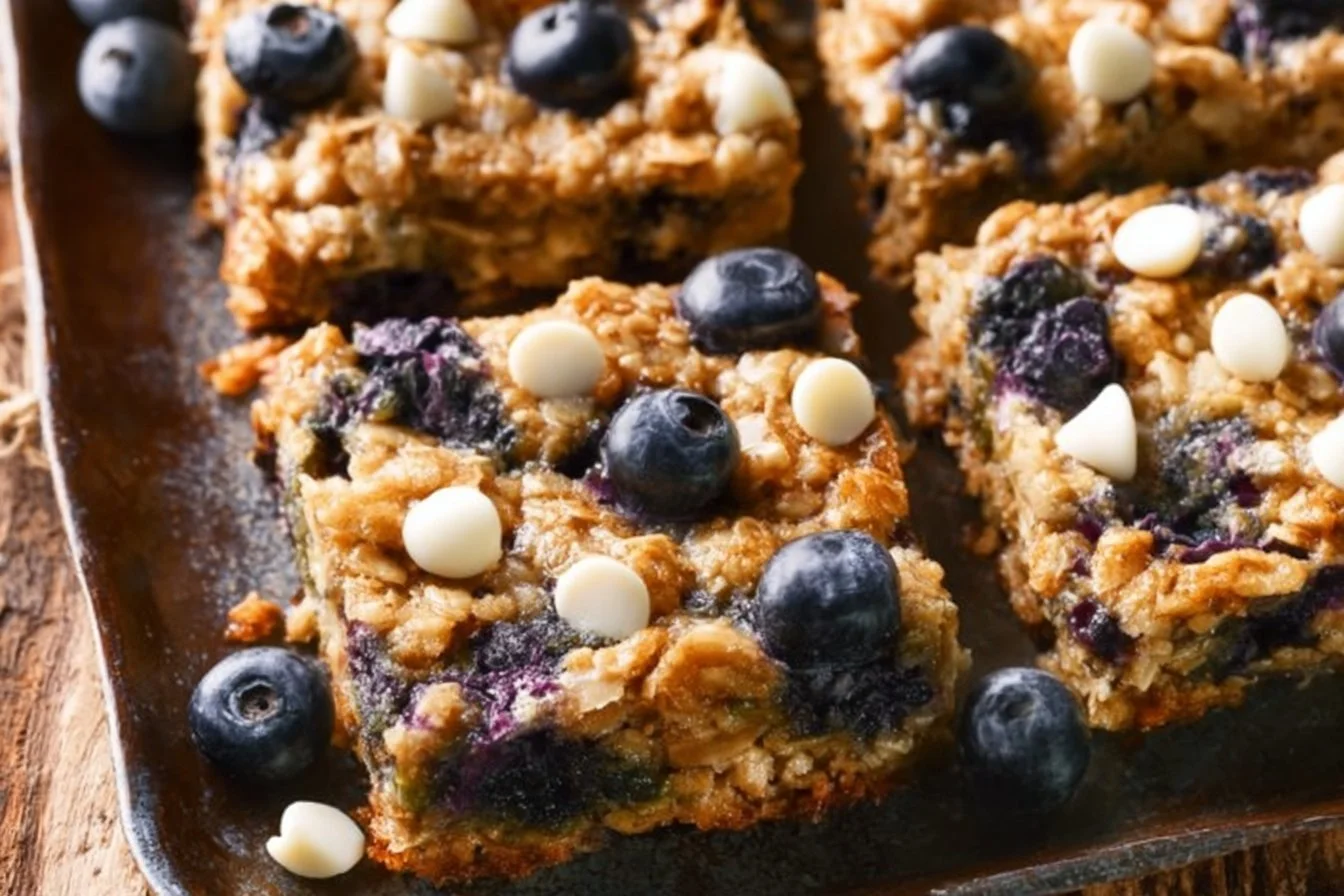 Healthy blueberry baked oatmeal topped with fresh blueberries and almonds