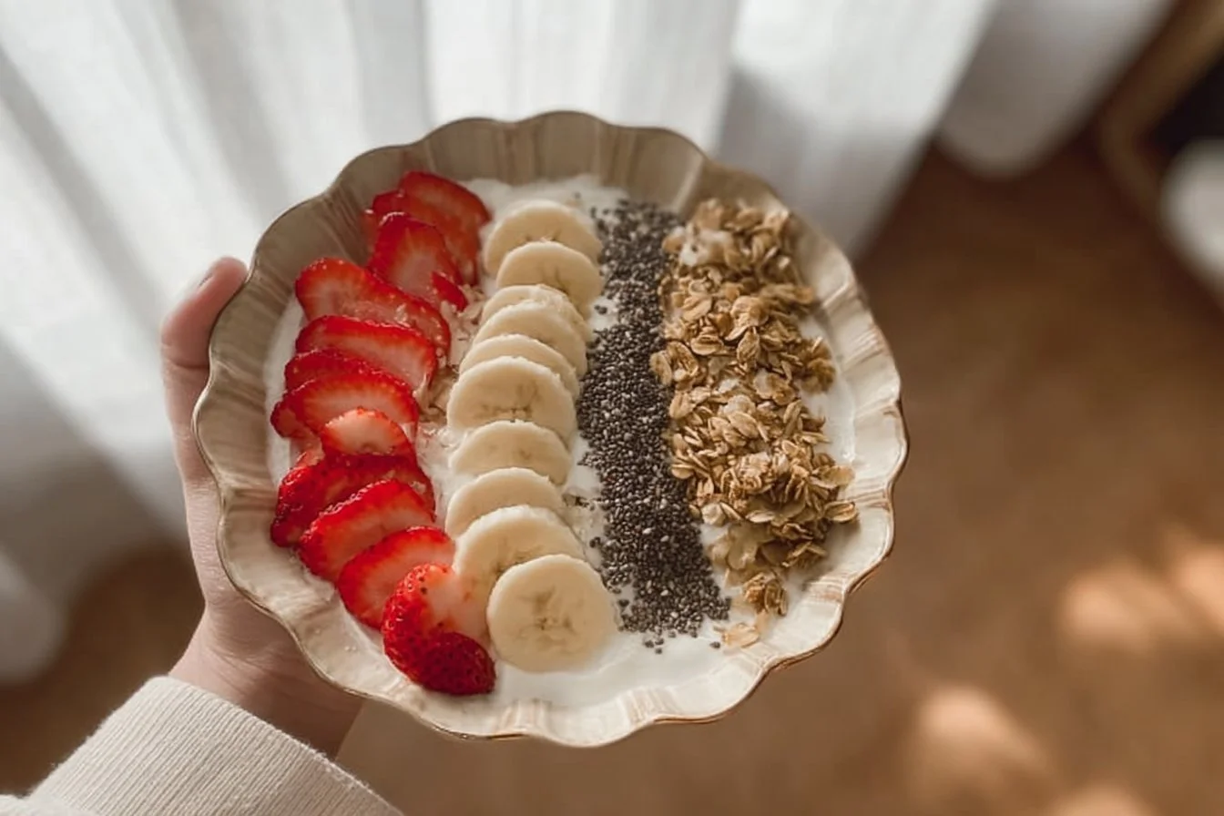 Healthy breakfast bowl filled with fruits, nuts, and grains for a nutritious start.
