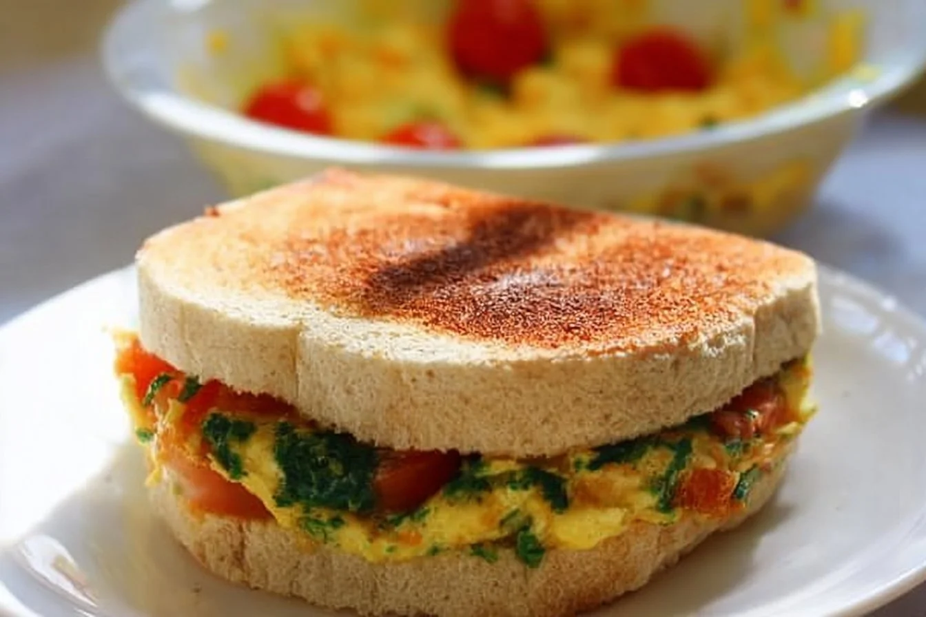 Healthy breakfast sandwich with fresh vegetables and eggs