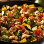 Healthy chicken and vegetables skillet dish with colorful veggies