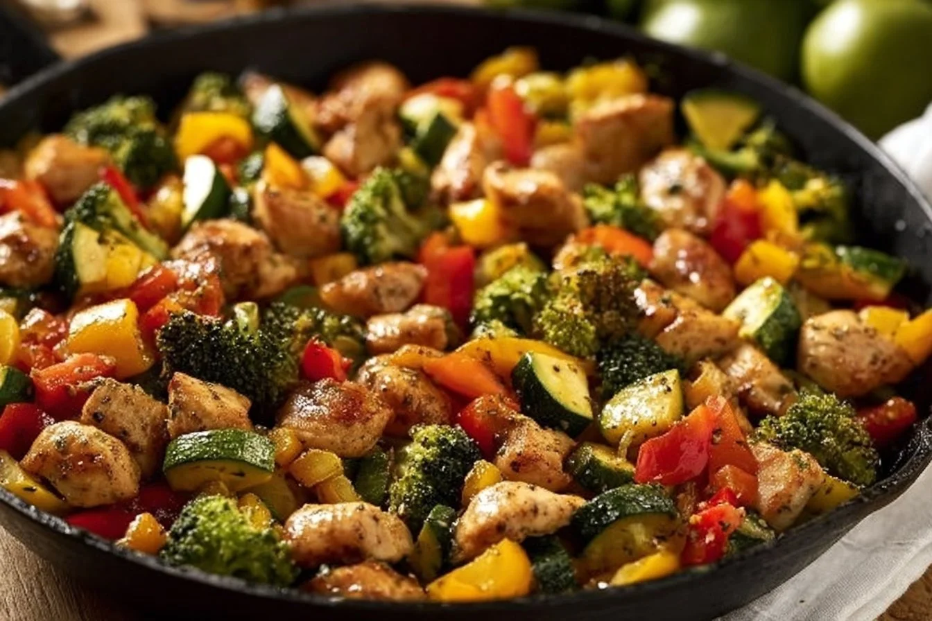 Healthy Chicken and Vegetables Skillet chicken and vegetables Healthy chicken and vegetables skillet dish with colorful veggies