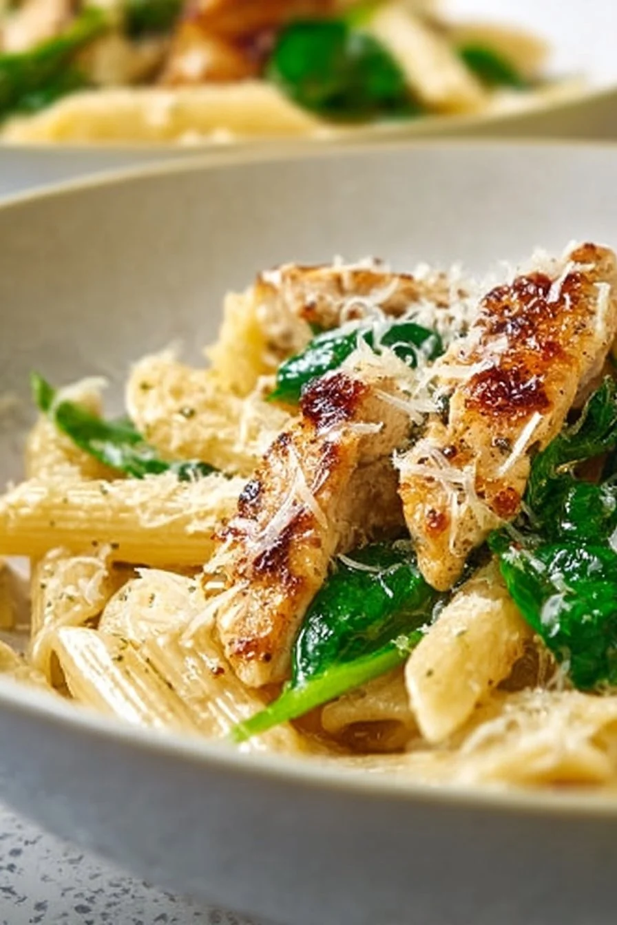 Healthy garlic parmesan chicken pasta dish served in a bowl with fresh herbs.
