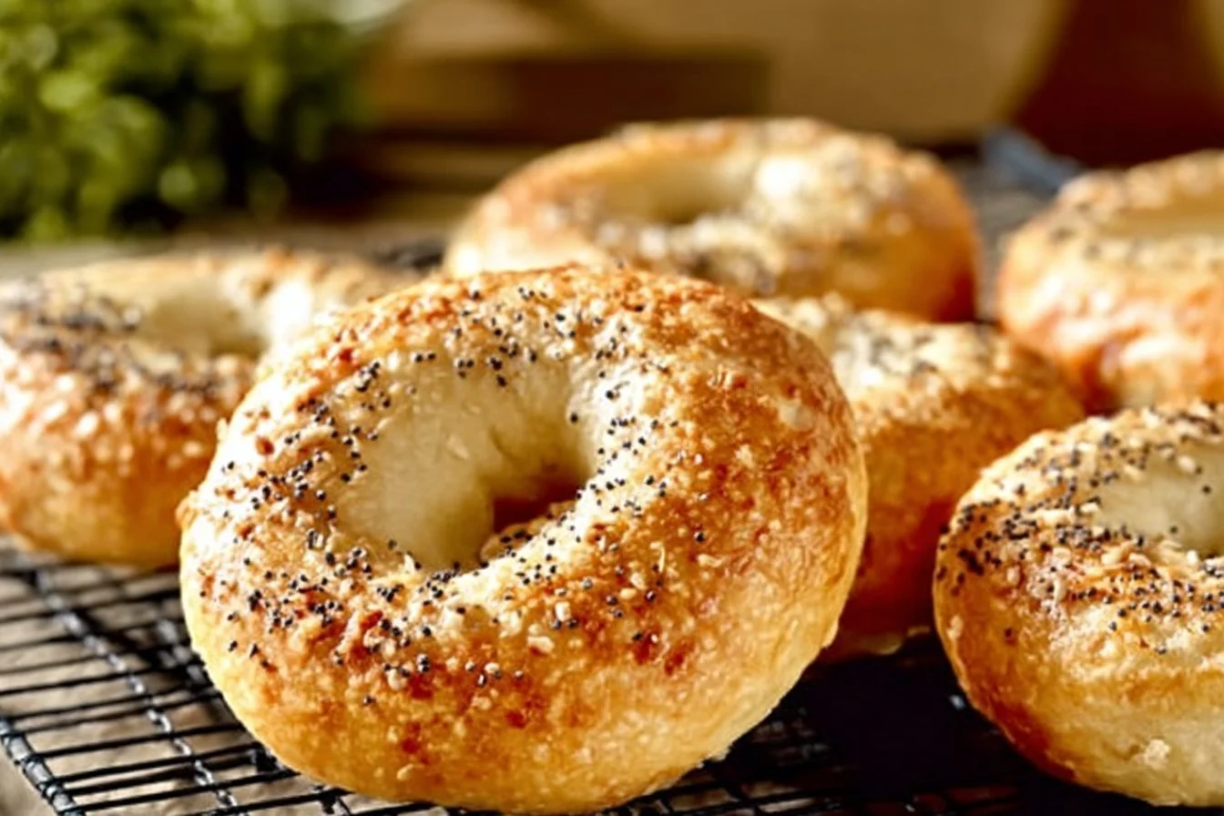 Healthy homemade Greek yogurt bagels topped with seeds and herbs