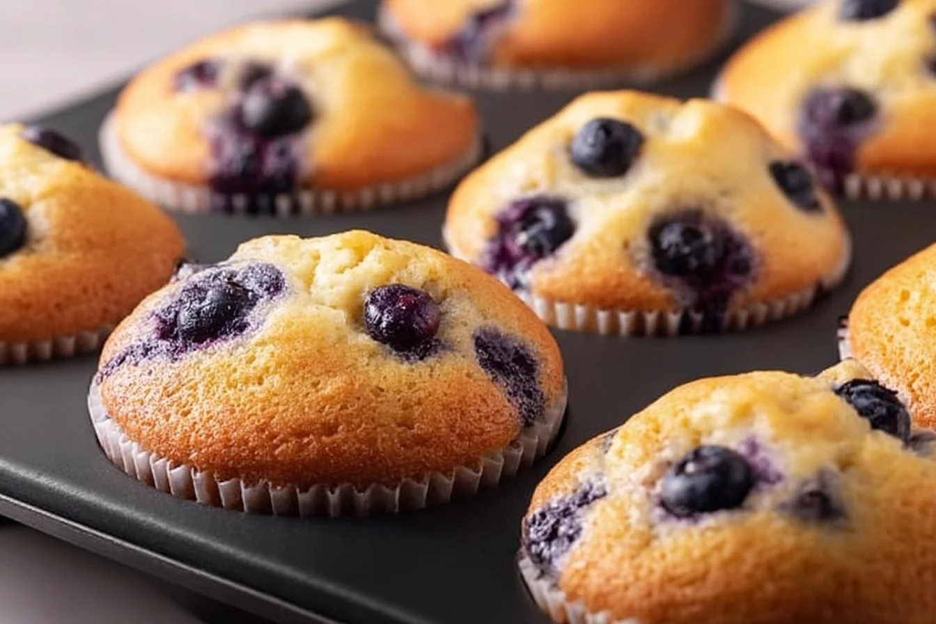 High protein blueberry muffins fresh out of the oven on a cooling rack.