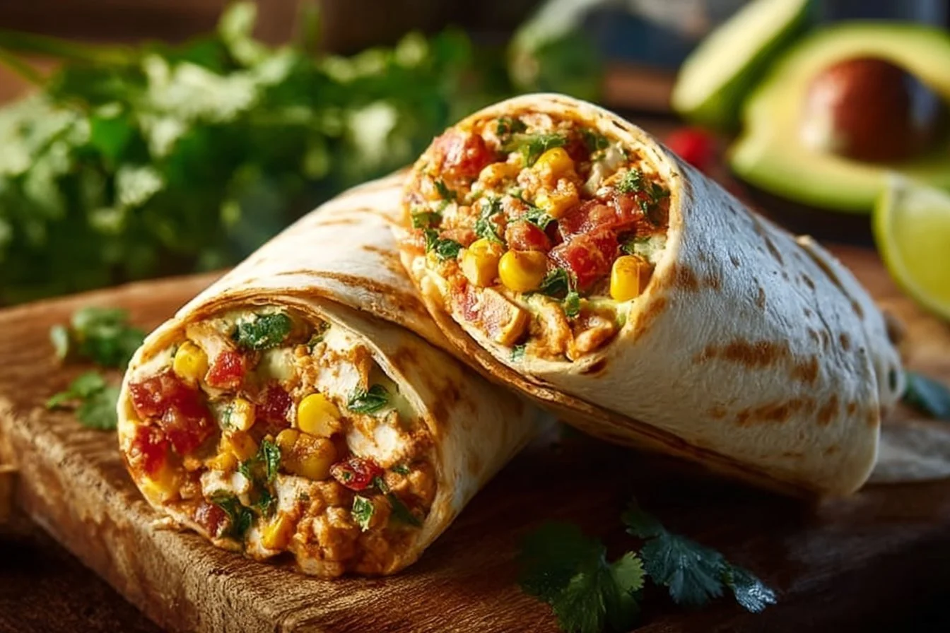 High-protein breakfast burrito with eggs, beans, and vegetables