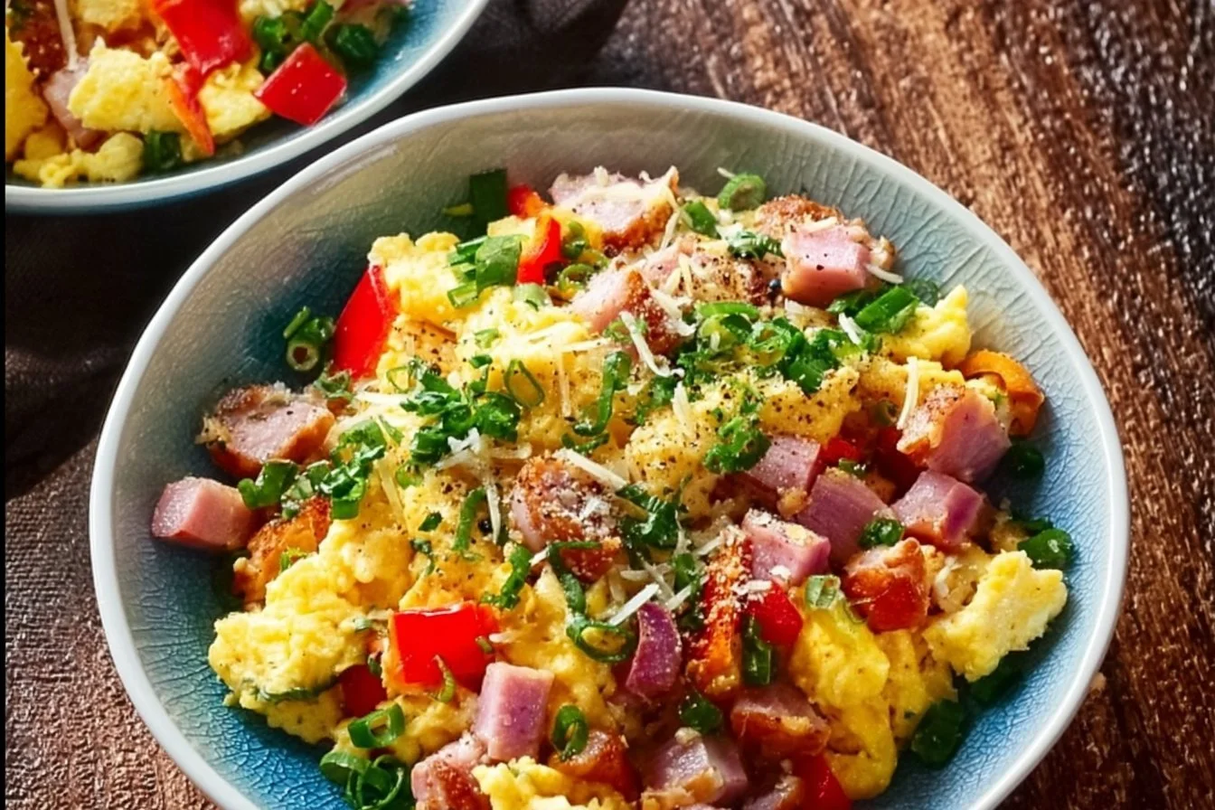 High-protein breakfast scramble with eggs, vegetables, and herbs.