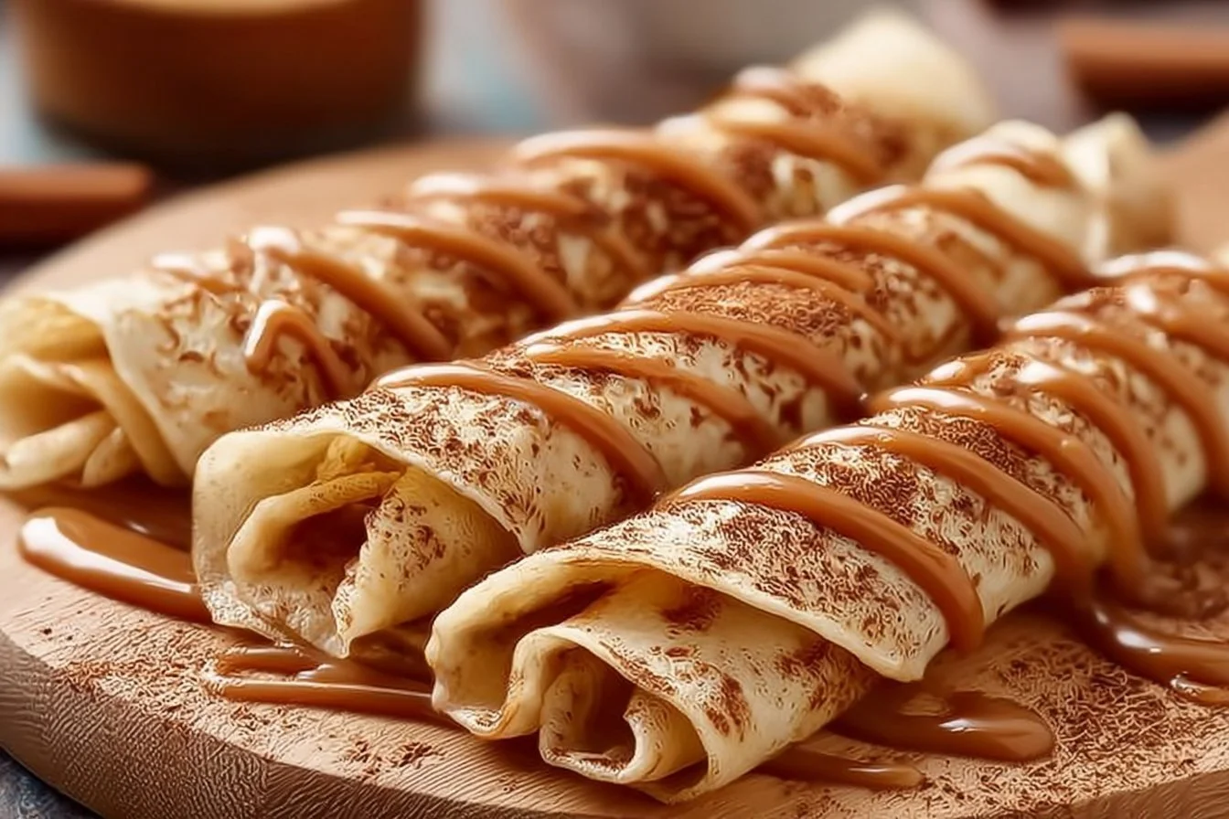 High protein cinnamon crepes served with toppings and syrup