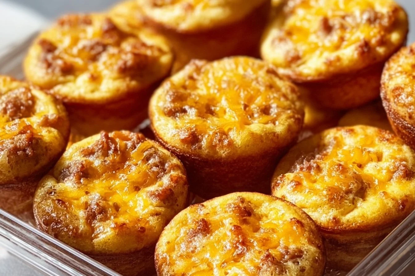 High-protein pancake sausage mini muffins on a plate, perfect for breakfast.