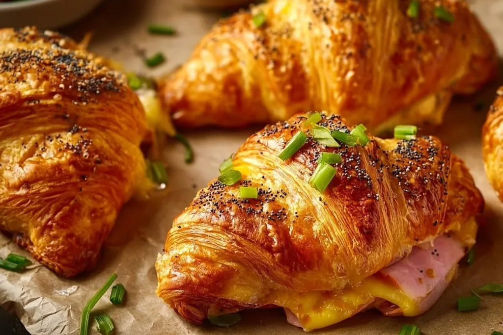 Freshly baked homemade ham and cheese croissants on a rustic wooden table