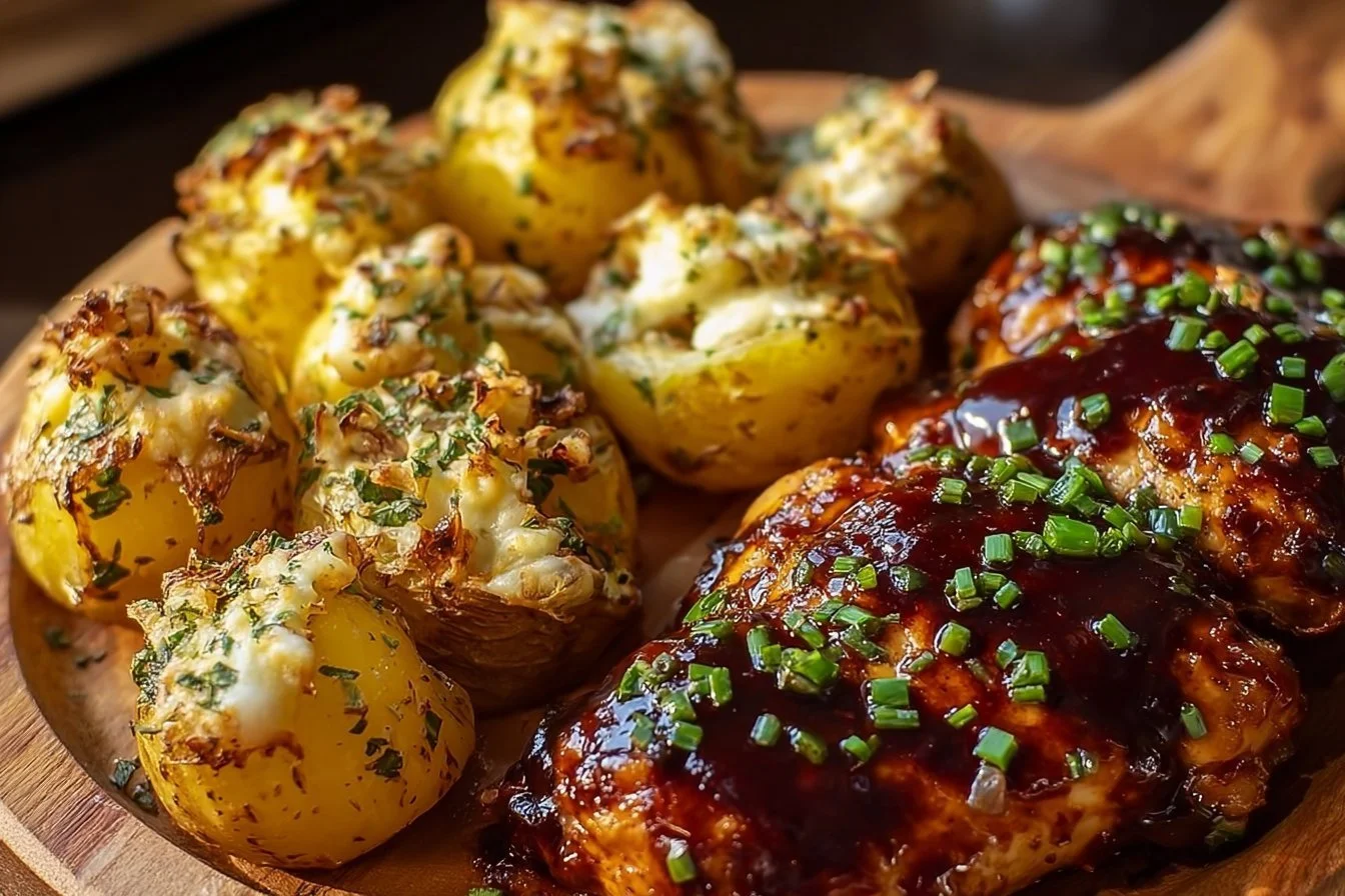Honey BBQ Chicken served with garlic parmesan potatoes on a plate