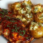 Delicious honey BBQ chicken served with garlic parmesan potatoes.