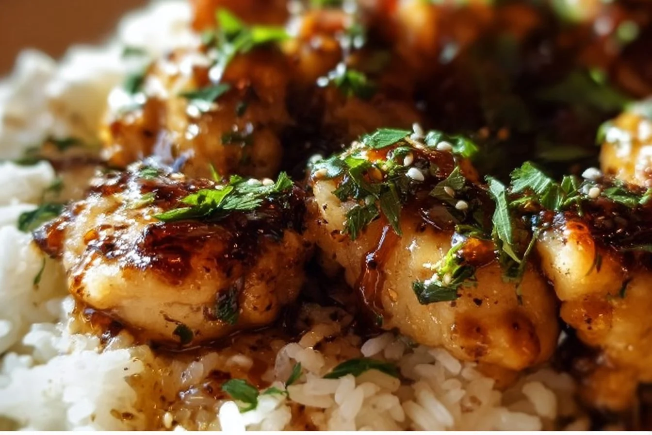 Delicious honey garlic chicken breasts served on a plate with vegetables.
